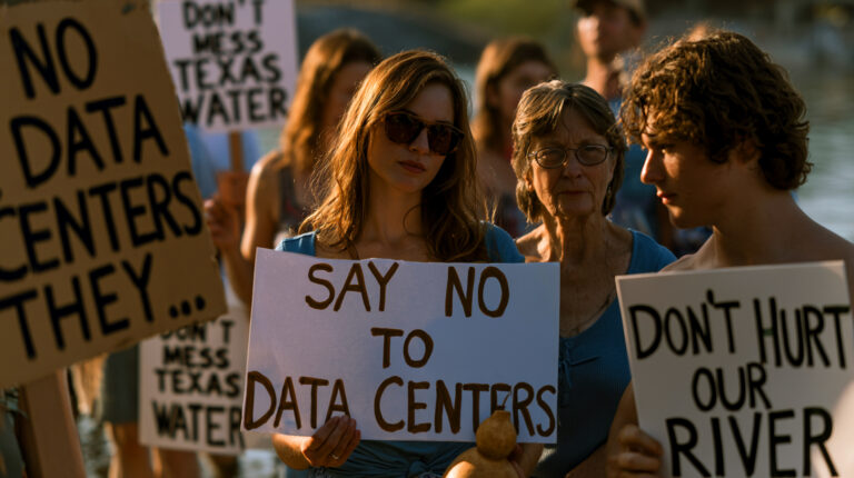 An American citizen holding a No Data Centers sign with a Chinese flag accusation graphic overlaid, representing the Republican China accusation against data center protesters and the Bitcoin Policy Institute report