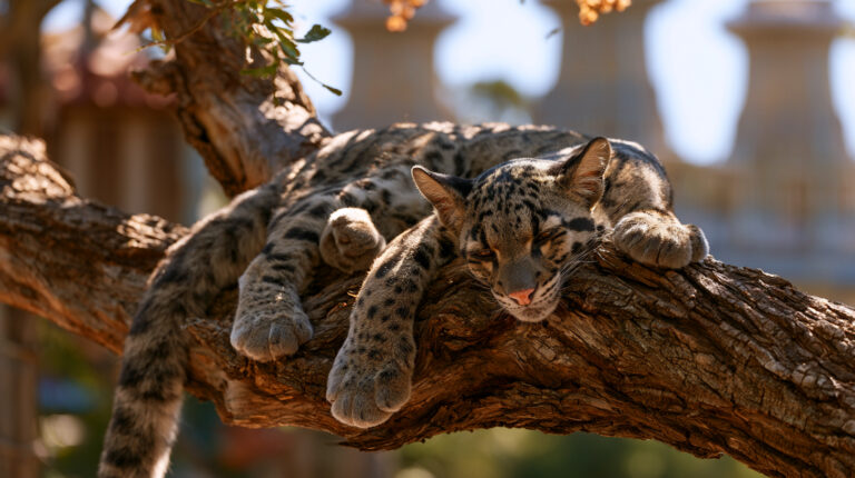 A clouded leopard resting peacefully in its habitat at the Nashville Zoo with industrial data center cooling equipment visible in the background representing the Nashville Zoo data center fight