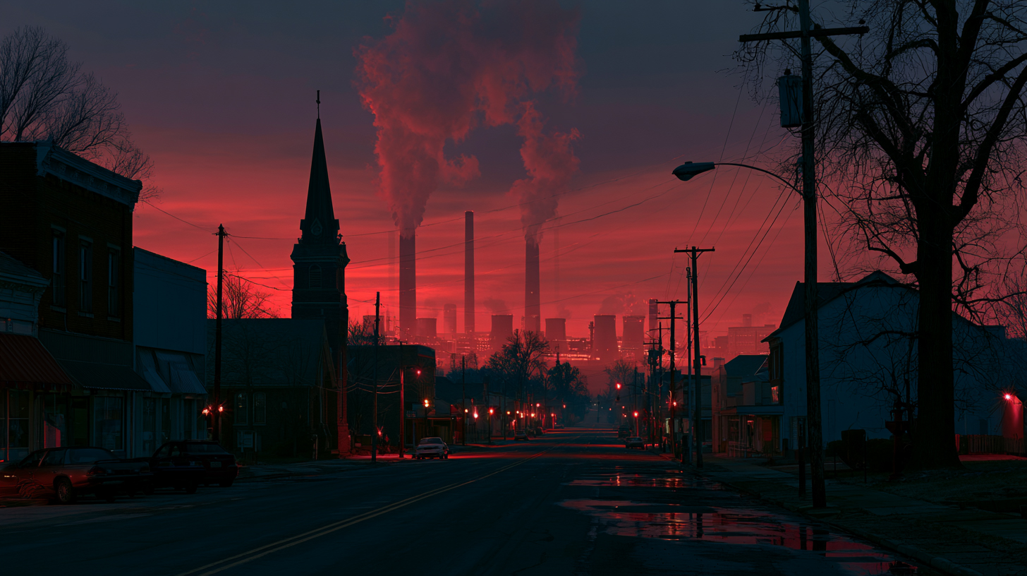 : A small American town main street with a massive industrial AI data center looming on the horizon behind it, representing the community impact of data centers on local electricity bills, noise pollution, and false job promises