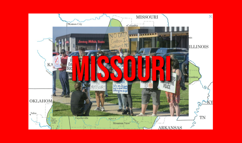 Protesters gather at intersection in Springfield Missouri holding signs against data centers