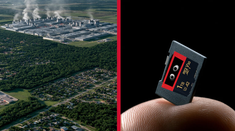 A massive AI data center campus sprawling across hundreds of acres of Texas land, contrasted with a micro SD card on a fingertip, illustrating the AI data center land use crisis and Moore's Law