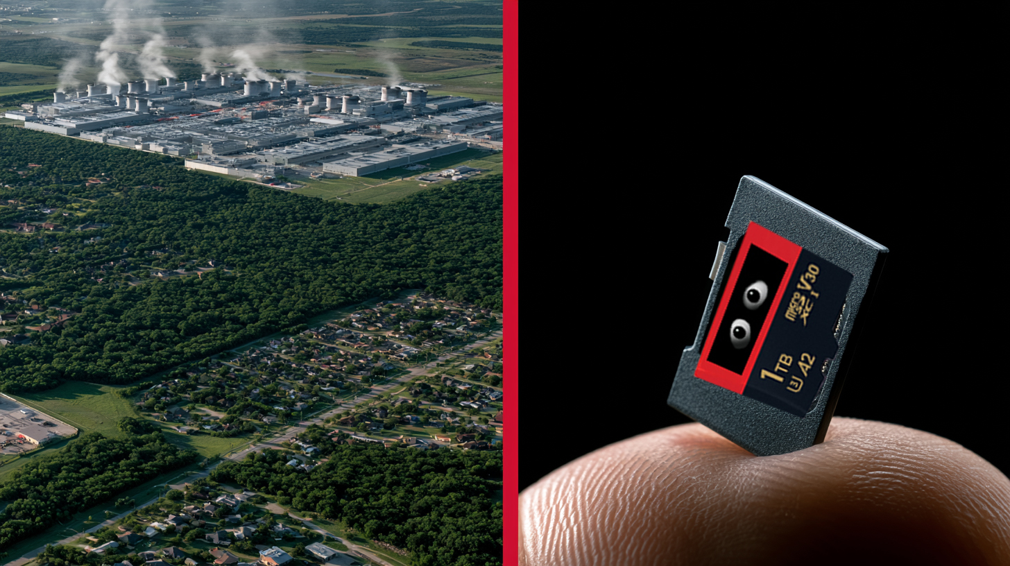 A massive AI data center campus sprawling across hundreds of acres of Texas land, contrasted with a micro SD card on a fingertip, illustrating the AI data center land use crisis and Moore's Law